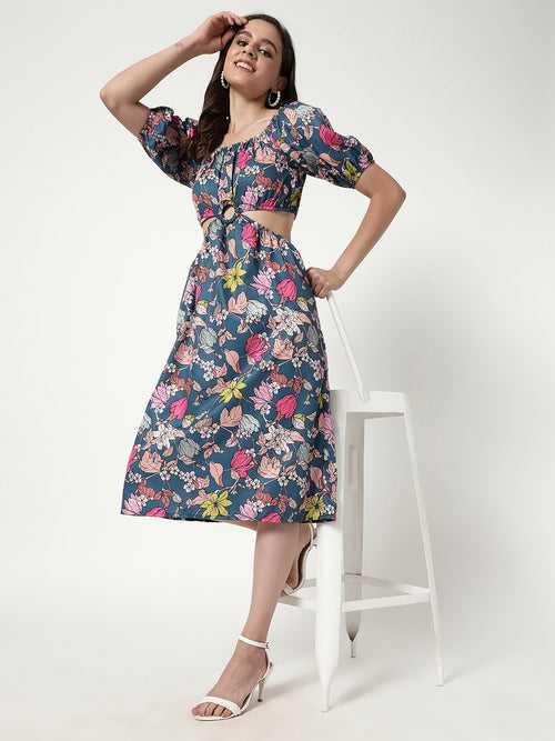 Floral Digital Printed Dress With waist Cut-Out