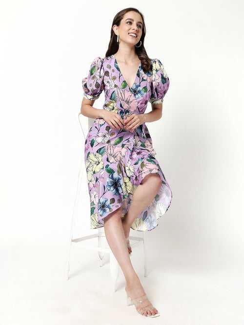 Floral Digital Printed High-Low Midi Dress