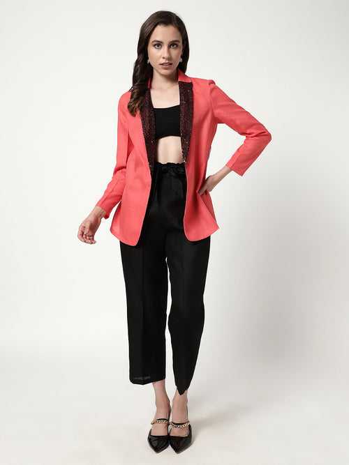 Blazer With Sequin Lapel And Contrast Pant Set