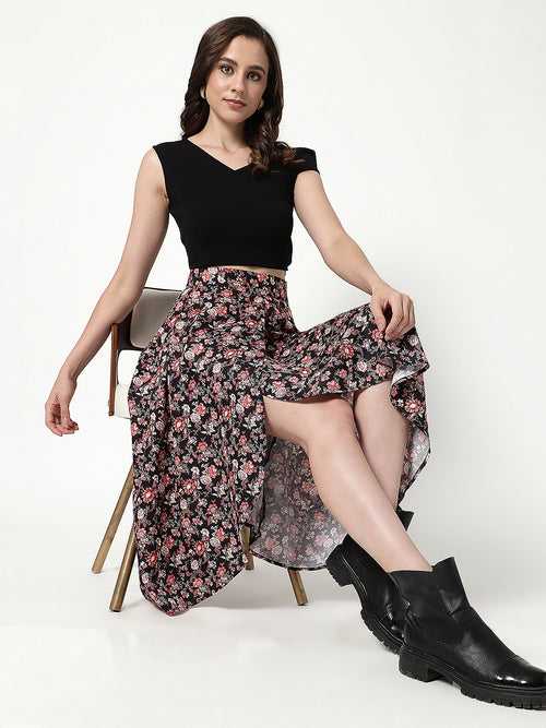 Solid Top With Floral Digital Printed Flared Skirt Set
