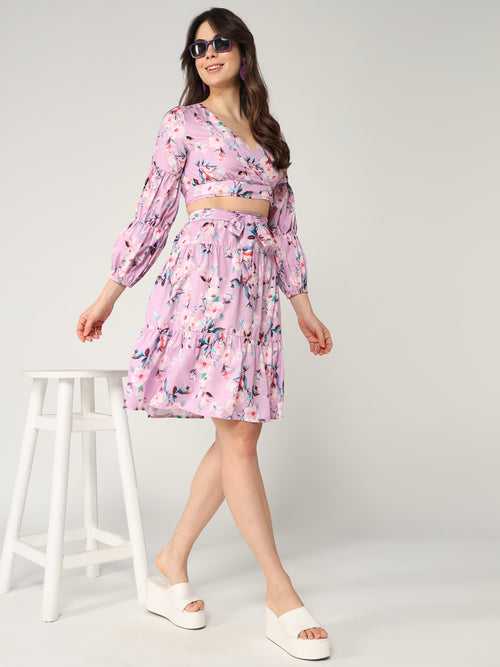 Floral Printed Crop Top With Fit-Flare Skirt Set