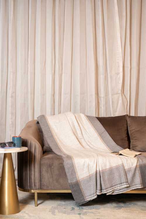 OMVAI Regal Patterned Woven Throw Blanket / Comforter with Border - Caramel with Charcoal grey