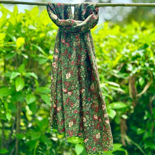 OMVAI Victorian Flower Print Silk Stole -  Emerald Green