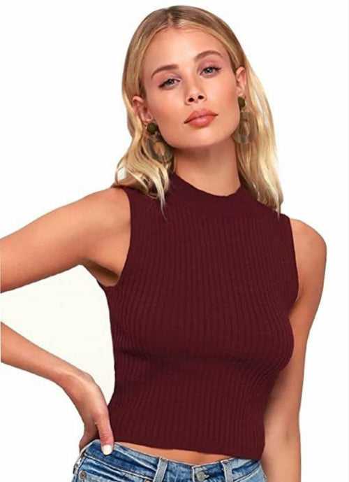 Fancy Lycra Sleeveless Solid Crop Top For Women