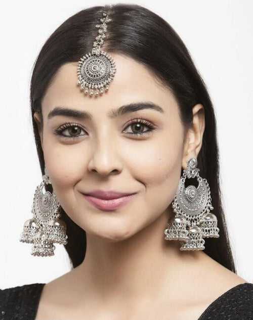 Oxidised Silver Earrings & MaangTika Set