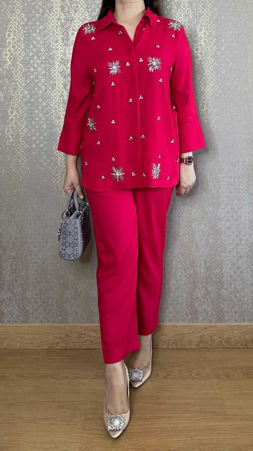 Fuscia Crystal Hand Embroidered Co-ord Set