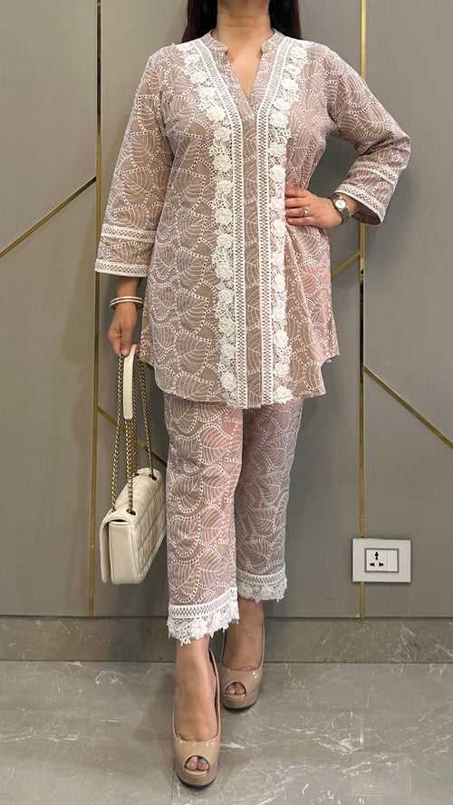 Almond Beige French Lace Chikankari Co-ord Set