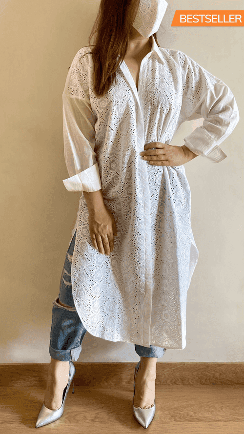 Pearl White Cutwork Embroidered Shirt (Freesize)