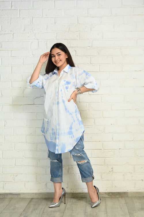 Blue-White Oversized Tie-Dye Cotton Shirt with Face Mask