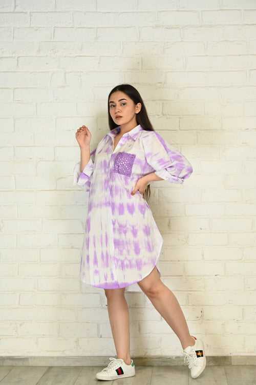 Purple-White Oversized Tie-Dye Cotton Shirt with Face Mask