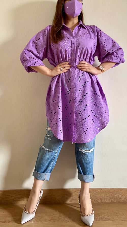 Purple Oversized Chikankari Shirt (Freesize)