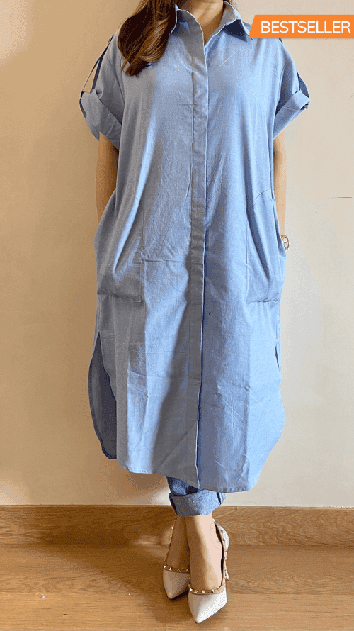 Sky Blue Oversize Shirt Dress with Pockets (Freesize)