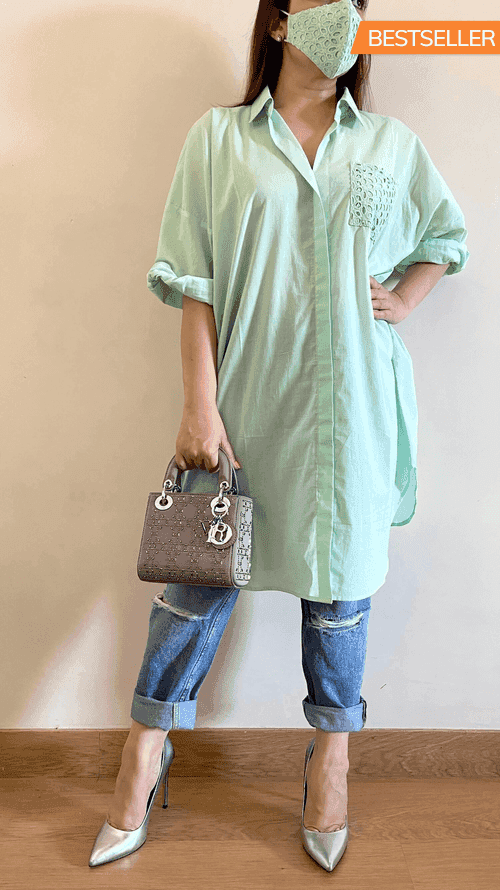 Mint Green Long Cotton Shirt with Face Mask