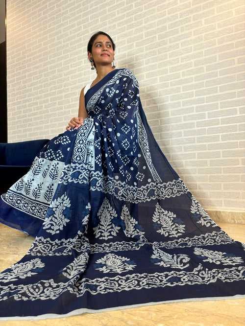 Indigo Blue Beauty -Hand Block Print Cotton Saree