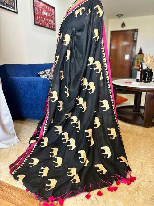 Gaja Gamini-Designer Gold Hand Block Elephant Print Cotton Saree