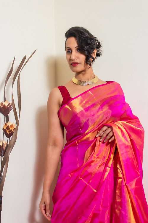The Zari Sheen - Pink Handwoven Uppada Tissue Silk Saree