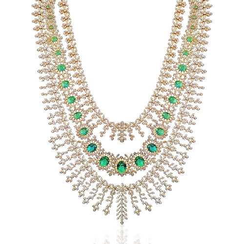 3 Lines Diamond Long Necklace Haaram With Emerald CZ & Gold Polish