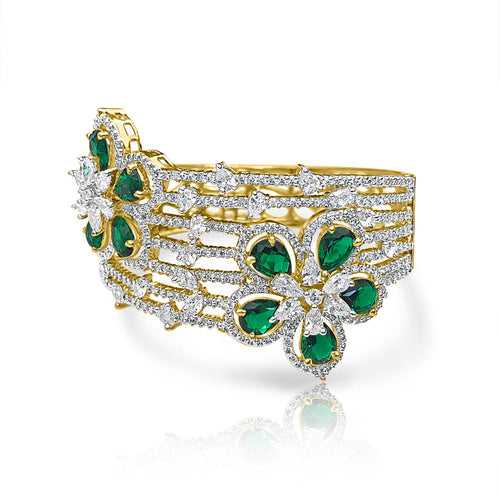 A Radiant CZ Diamond Bracelet Adorned with Statement Emerald Flowers