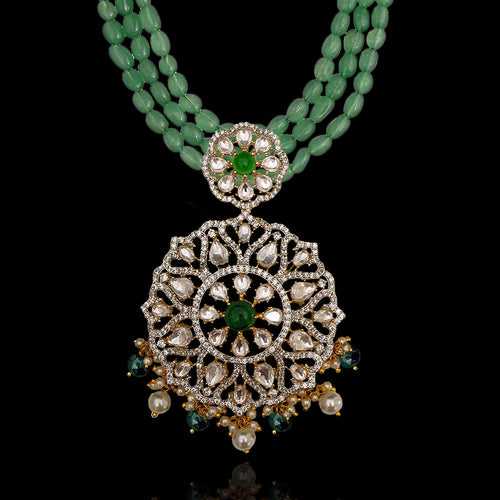 CZ Polki Pendant Adorned with Jade Emerald String Mala