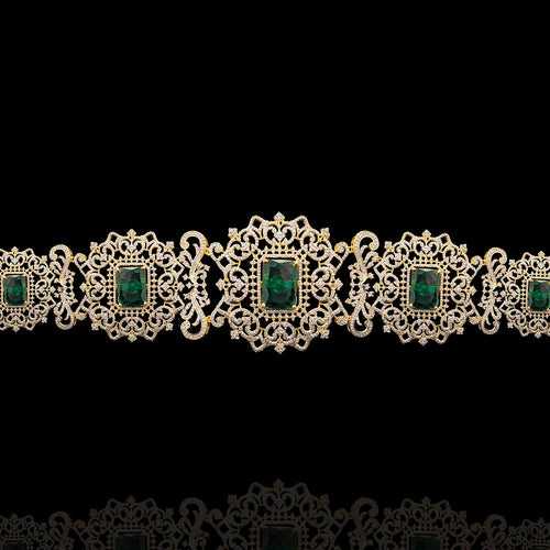 Emerald Studded - Diamond Look Bridal Silver Vaddanam Hip Belt