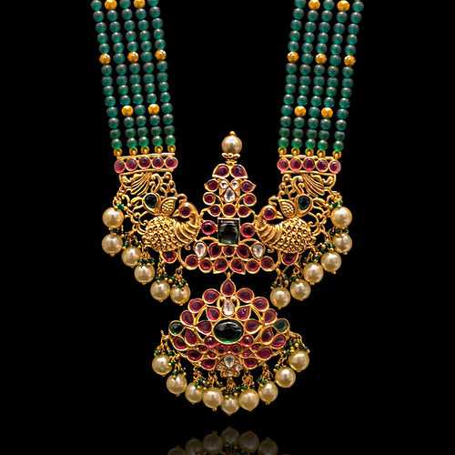 Emerald Beads Layered Haram with Peacock Nakshi Pendant