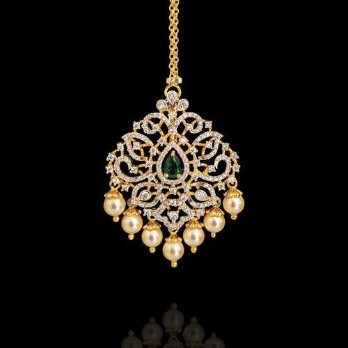 Emerald Center Bridal Mangtikka Design with Cascading Pearls & CZ Diamonds