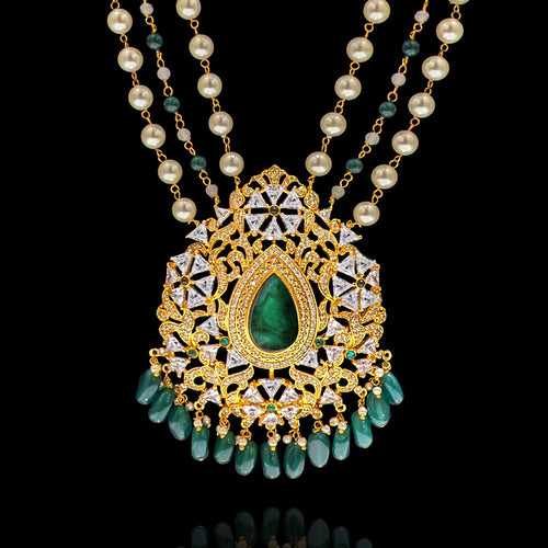 Emerald Elegance- CZ Diamond Studded Pendant with Pearl Strand
