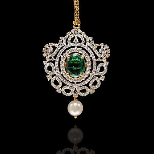 Emerald & CZ Diamond Mangtikka with Pearl Drop - Exquisite Elegance