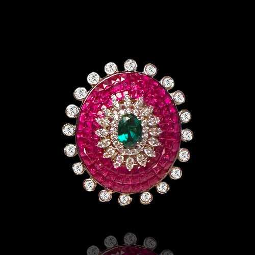 Invisible Setting Ruby Ring with Emerald Brilliance