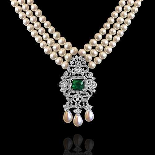 Pearl Necklace with Elegant CZ Diamond & Emerald Pendant