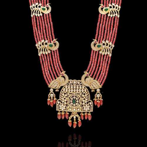 Rich Ruby beads layered Necklace with Peacock Motifs