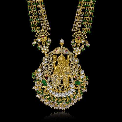Silver Gold Polished Vishnu Temple Pendant Necklace & Earrings Set