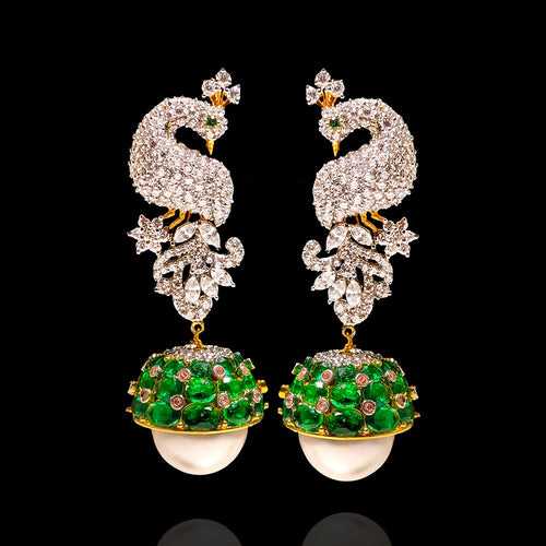Diamond-Studded Peacock Earrings with Emerald Beauties