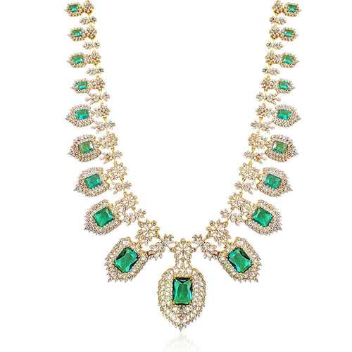 Diamond Look Long Haram Necklace Design with Emeralds