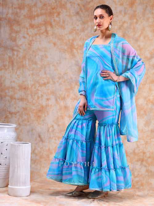 DIL KASH BLUE MARBEL PRINT SHARARA SET