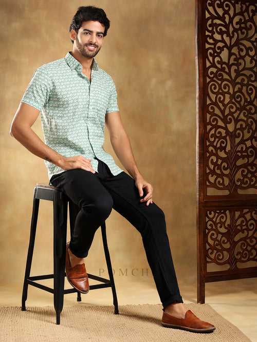 VIRAHA GREEN COTTON HAND BLOCK SHIRT