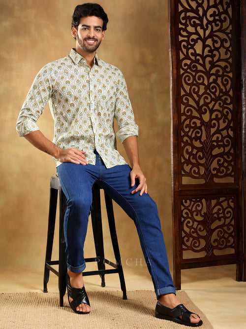 MEHENDI GREEN PAISLEY COTTON HAND BLOCK SHIRT