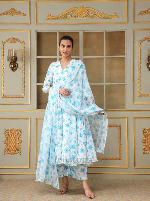 SAADGI BLUE PHOOL ANARKALI SET