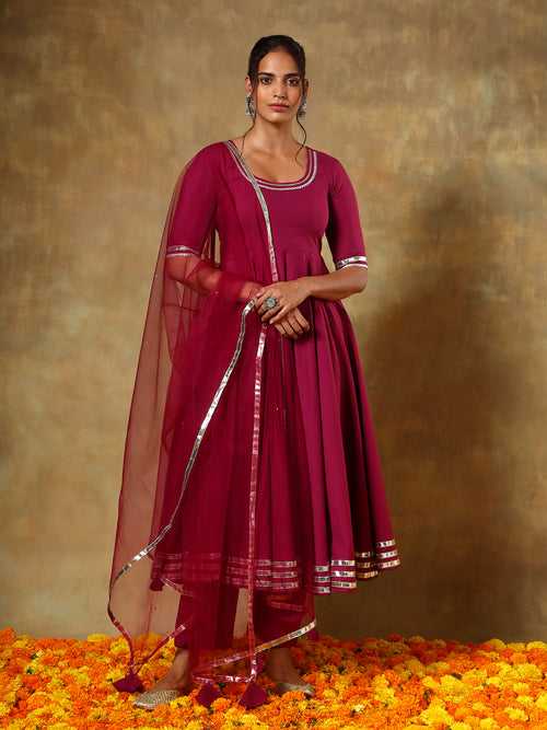 GUZARISH BURGANDY COTTON ANARKALI SET