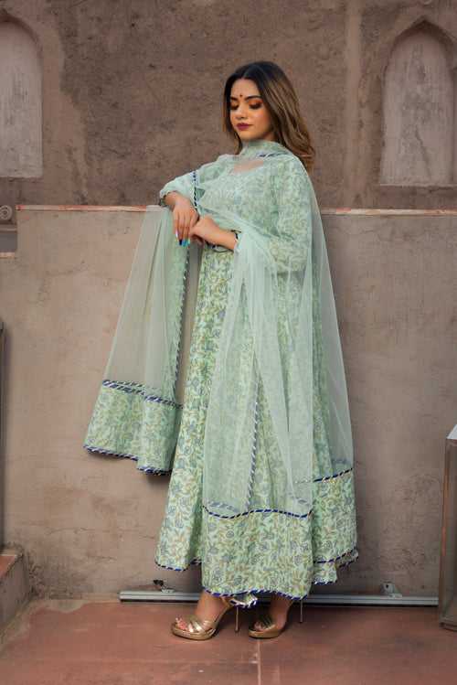 AQUA GREEN HAND BLOCK PRINT ANARKALI SET