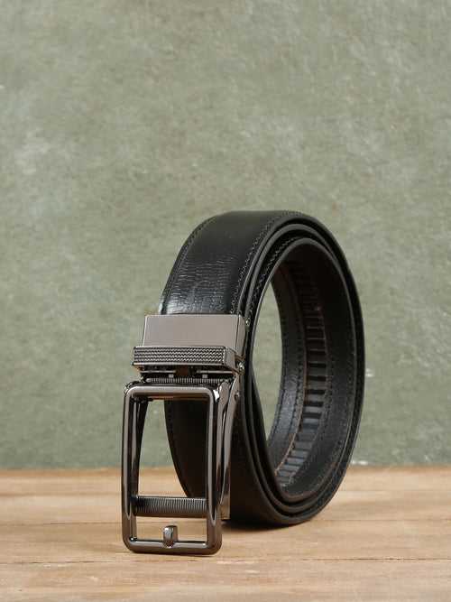 Men Black Lizard Texture Leather Auto-Lock Buckle Belt