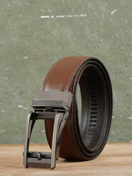 Men Texture Brown Leather Auto-Lock Buckle Belt