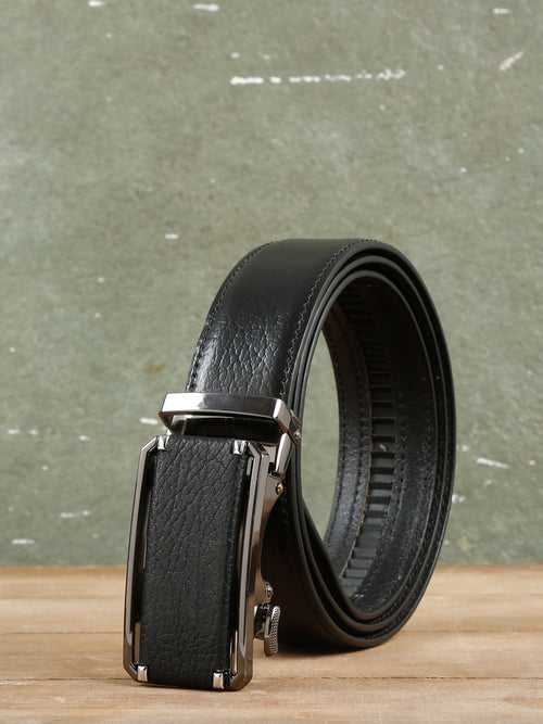 Men Texture Black Leather Auto-Lock Buckle Belt