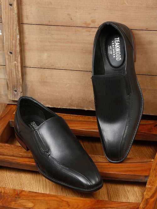 Men Black Solid Leather Formal Slip-On Loafers