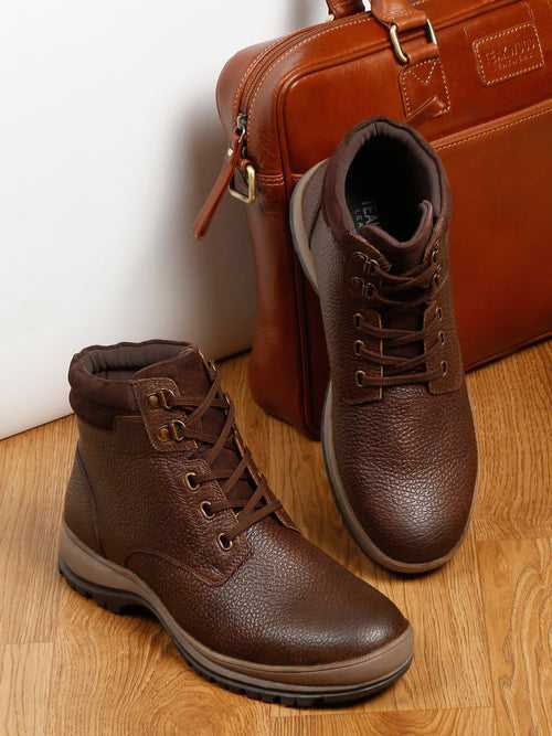 Men Textured Brown Leather Lace-Up Boots
