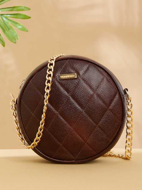 Women Round Brown Quilted Leather Sling Bag