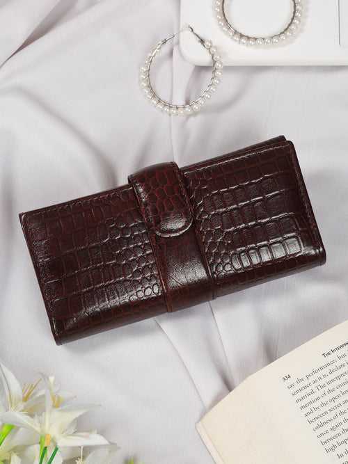 TEAKWOOD CROCO TEXTURE BROWN WOMEN'S TWO FOLD WALLET