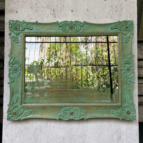 Teal Green Distressed Mirror with brass details