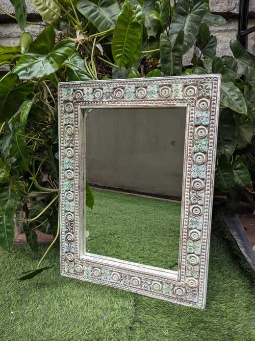 Light Blue and White Carved Mirror