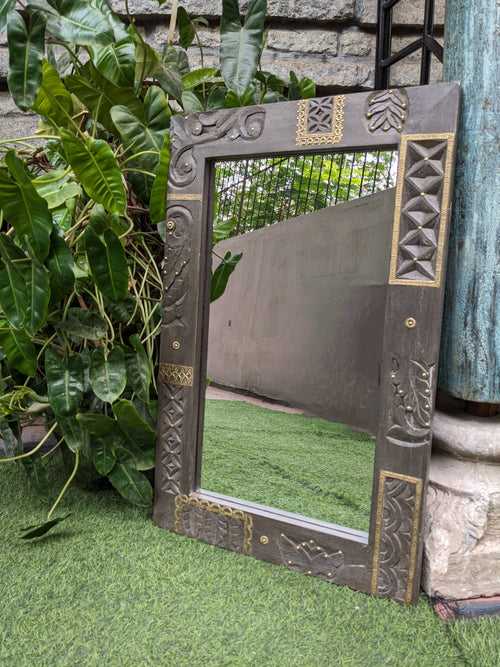 Slate Grey Wooden framed mirror with simple carving